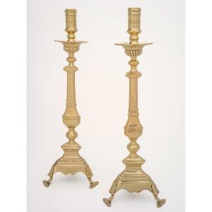 Pair Of Large Bronze Candlesticks Louis XIII Period