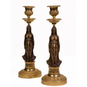 Pair Of Candlesticks In Patinated And Gilded Bronze Empire Period