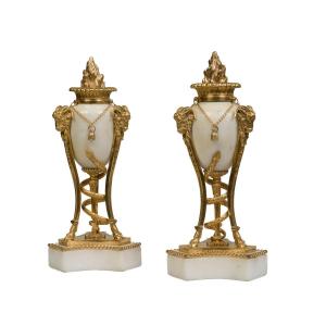 Pair Of Cassolette Candlesticks In Gilt Bronze And Marble Louis XVI Period