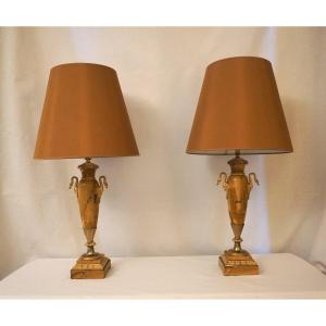 Pair Of Empire Period Lamps In Marble And Gilt Bronze