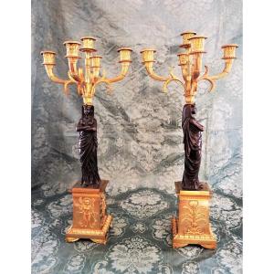 Pair Of Candelabra In Patinated And Gilded Bronze Empire Period