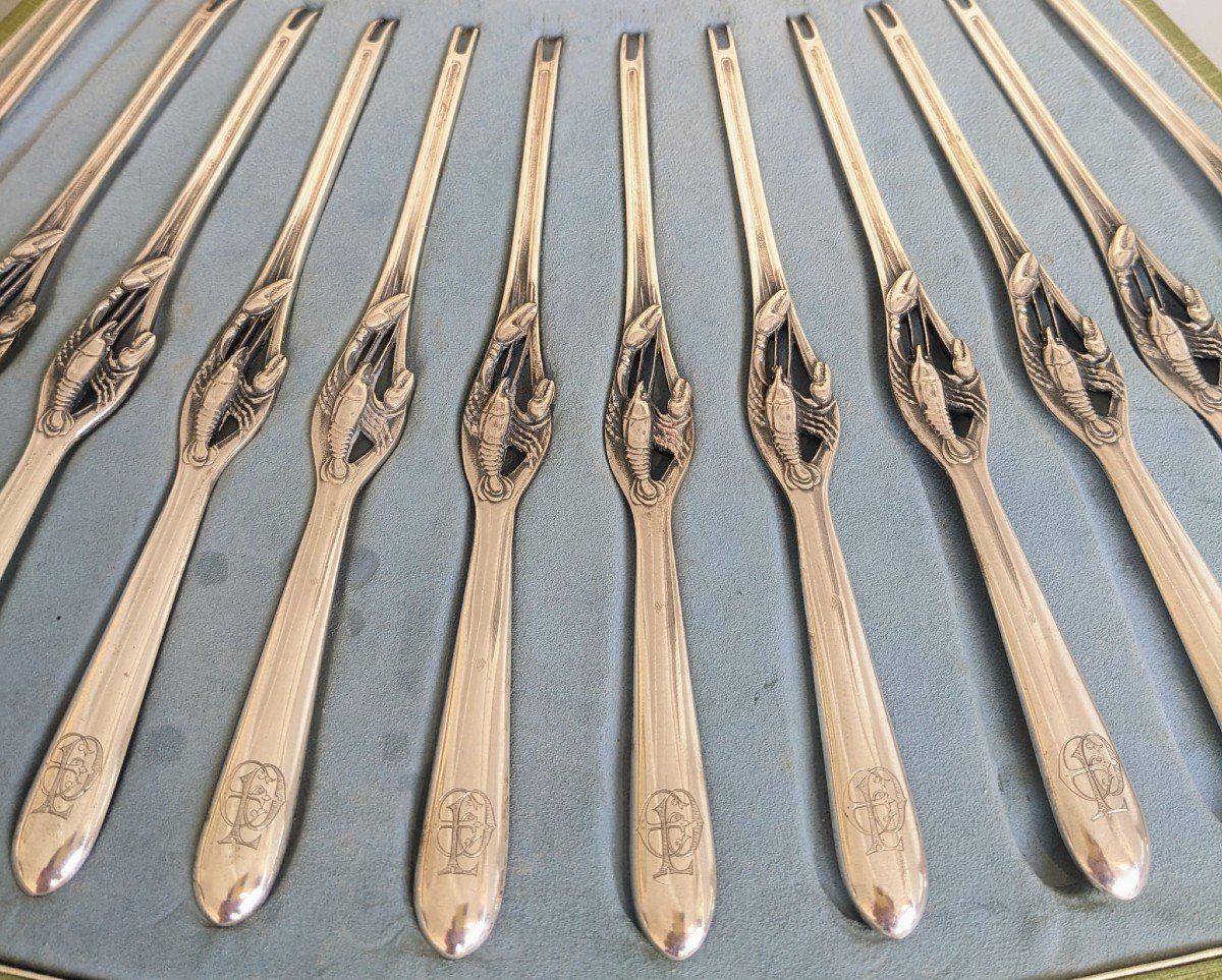 12 Lobster And Shellfish Forks In Sterling Silver Circa 1930.-photo-1