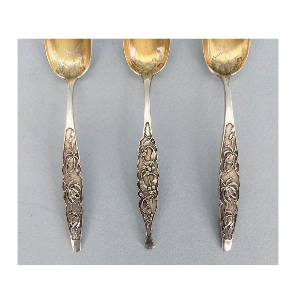 Cardeilhac 3 Small Art Nouveau Spoons In Solid Silver And Vermeil-photo-4