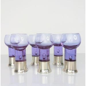 Sergio Asti 6 Wine Glasses In Sterling Silver And Purple Tinted Glass 1970