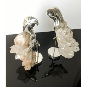 Pair Of Two Parrot Birds In Rock Crystal And Solid Silver