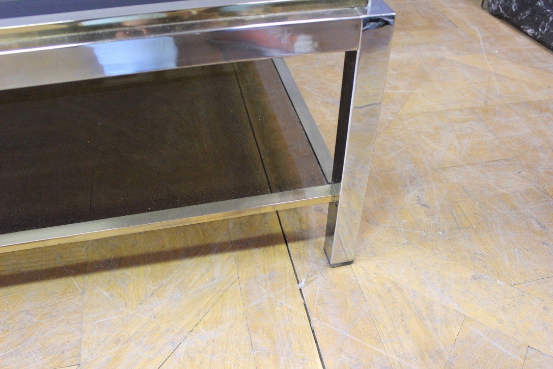 Grande Table Basse En Chrome Et Métal Doré Entourage De Willy Rizzo Vers 1970-photo-4