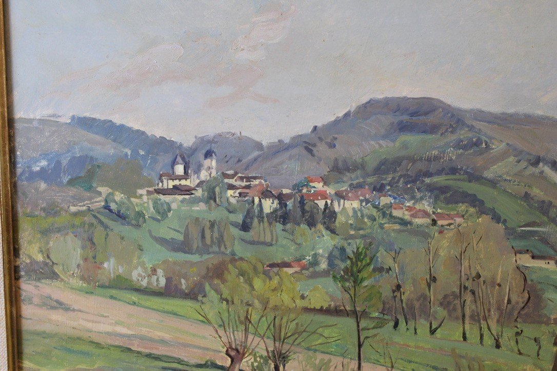 Huile Sur Panneau Vue De Treffort  Village De l'Ain Par Jeanne Proust-photo-3