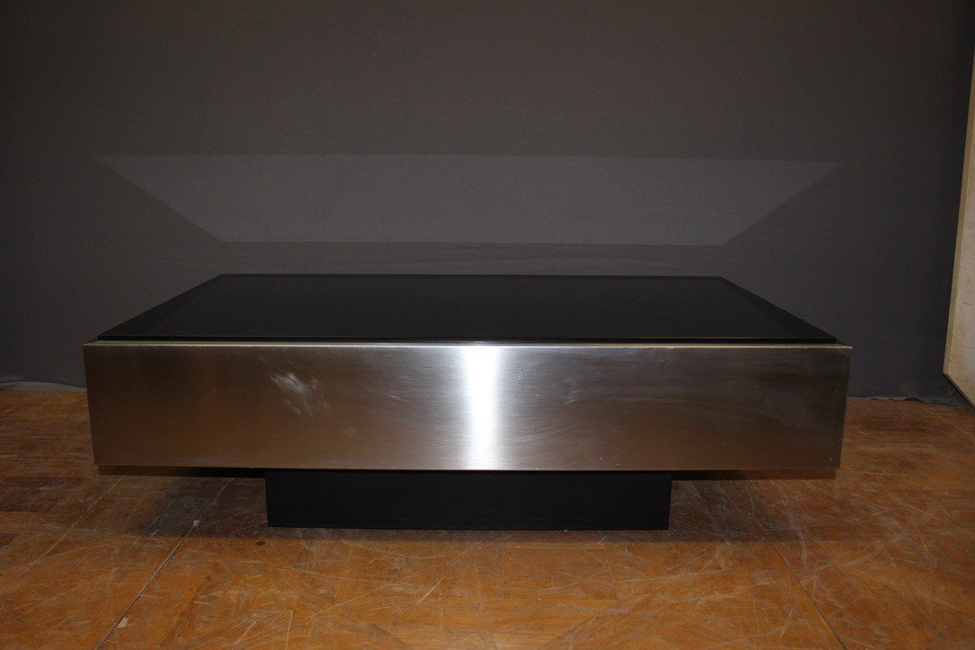 Table Basse En Inox Et Dalle De Verre Noire Vers 1970-photo-2