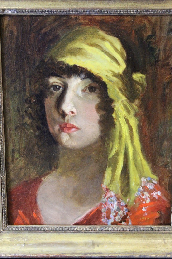 Oil On Cardboard Gypsy With Yellow Scarf Early XX-photo-4