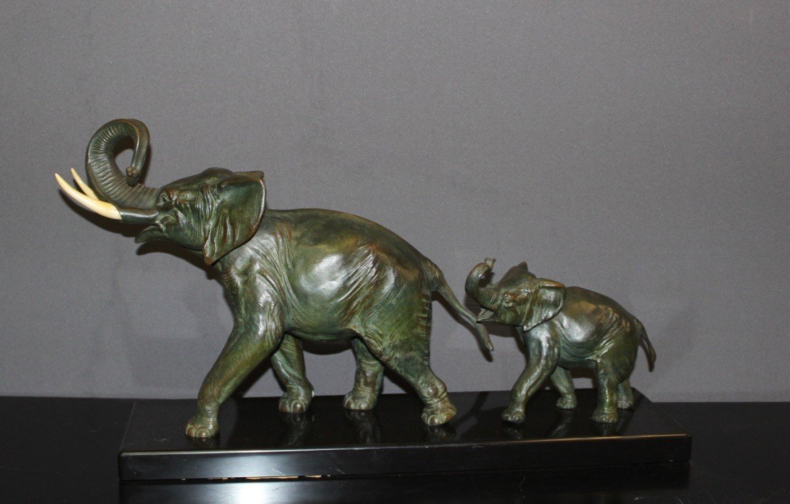 Sculpture En Régule Représentant Un Groupe d'éléphants Par Irénée Rochard Vers 1930-photo-8