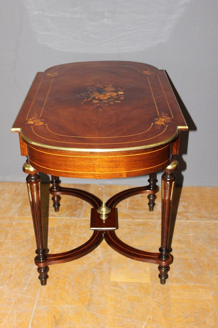 Louis XVI Style Table In Rosewood Marquetry Decorated With Flowers Late XIX-photo-3