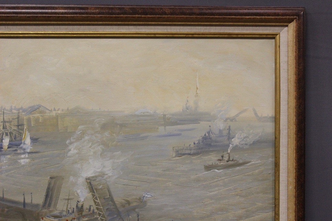 Oil On Canvas Marine Scene Entry To Port XX-photo-2