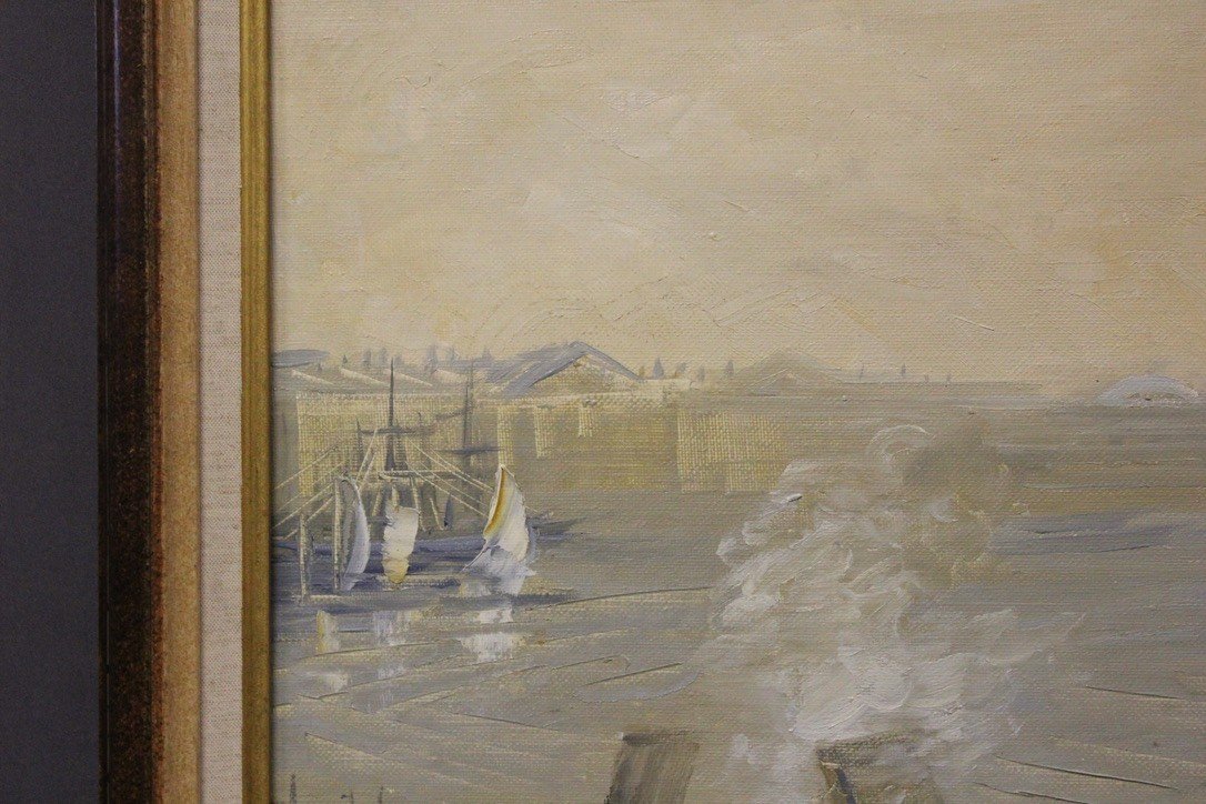 Oil On Canvas Marine Scene Entry To Port XX-photo-3