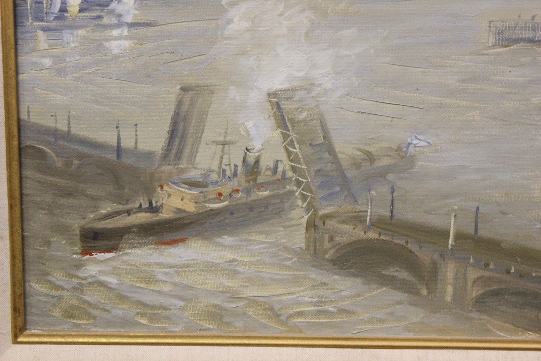 Oil On Canvas Marine Scene Entry To Port XX-photo-4