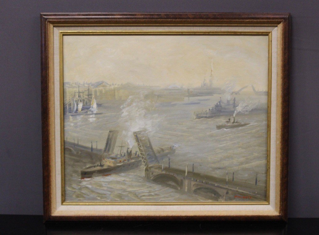 Oil On Canvas Marine Scene Entry To Port XX-photo-1