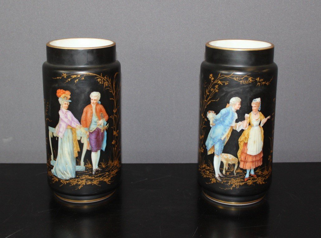 Pair Of Opaline Vases With Romantic Decor Late XIX