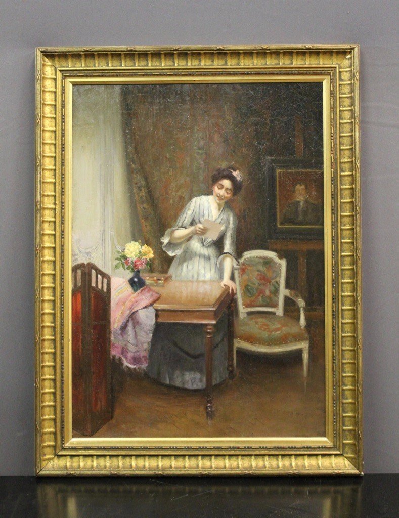 Huile Sur Toile Femme à La Lettre Par Alfred Martin Datée 1904-photo-2