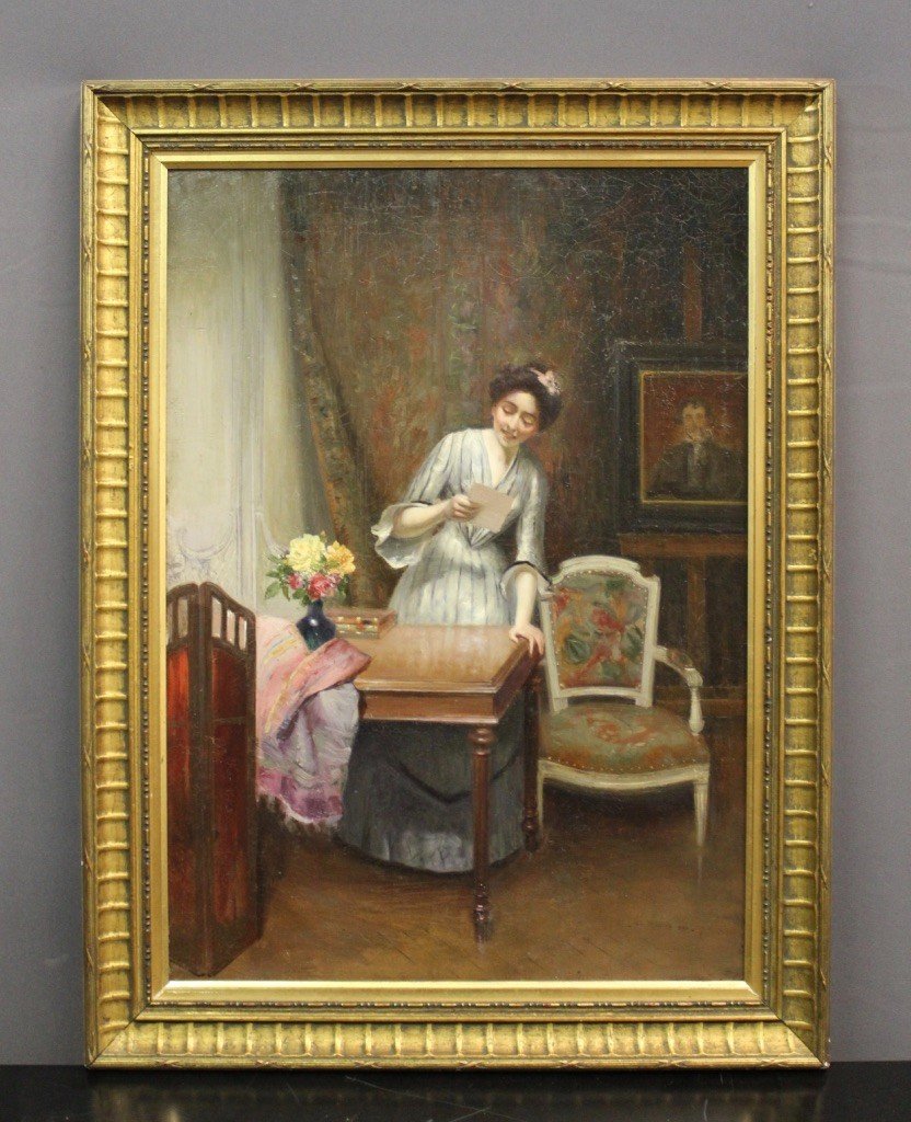 Huile Sur Toile Femme à La Lettre Par Alfred Martin Datée 1904