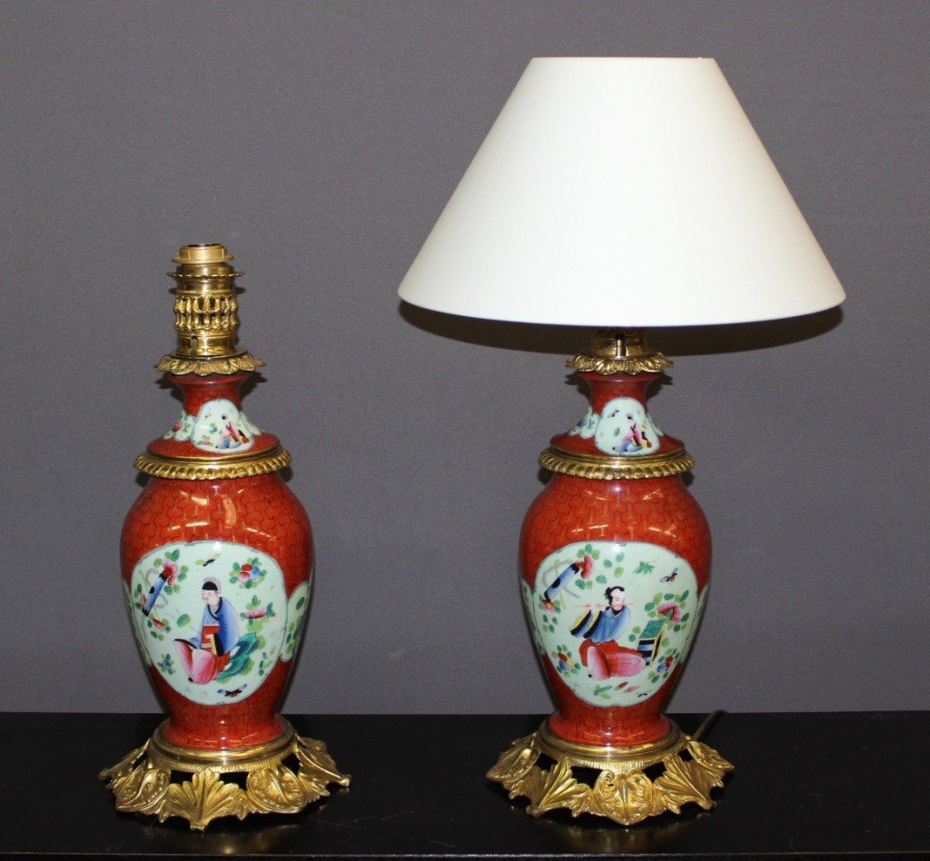 Pair Of Porcelain Lamps With Chinese Decor And Gilt Bronze Mount End XIX-photo-4