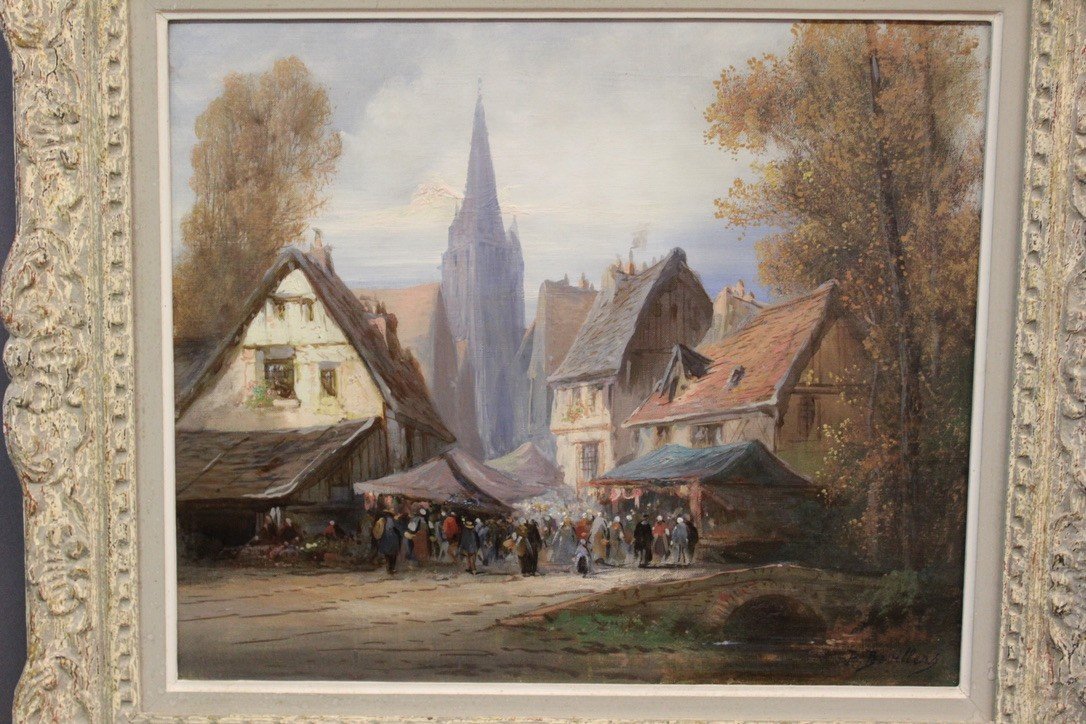 Oil On Canvas Representing A Market Scene In Rouen By Paul Devillers-photo-2