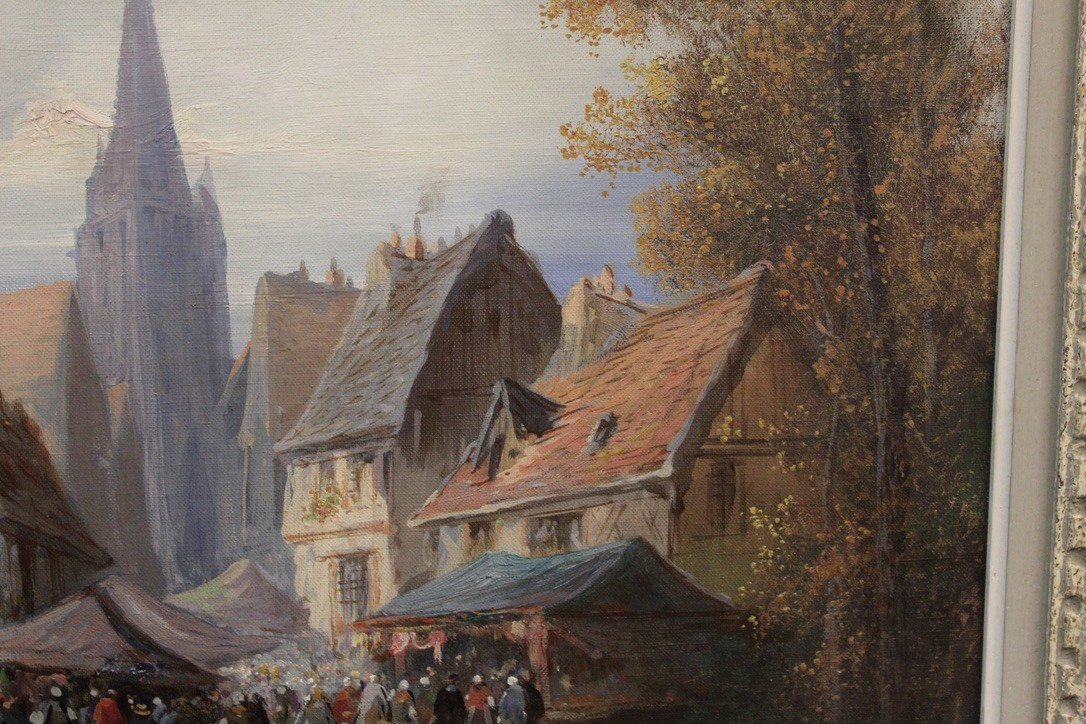 Oil On Canvas Representing A Market Scene In Rouen By Paul Devillers-photo-2