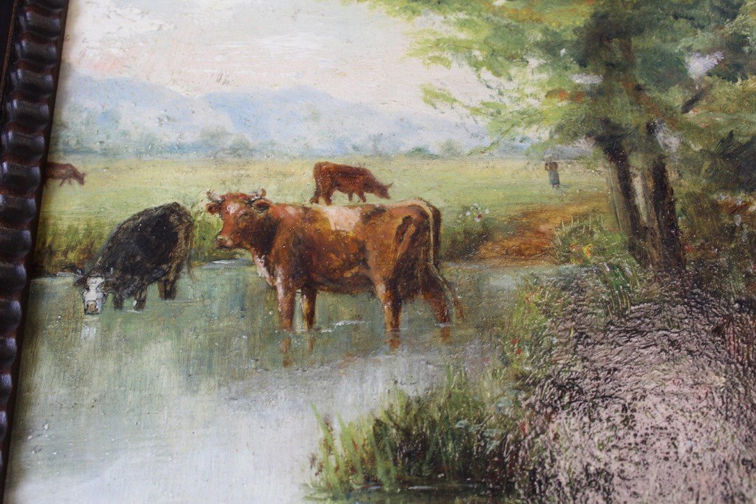 Huile Sur Carton , Les Vaches à La Rivière Vers 1900-photo-2
