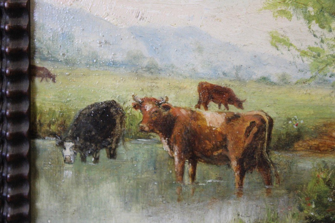 Huile Sur Carton , Les Vaches à La Rivière Vers 1900-photo-4
