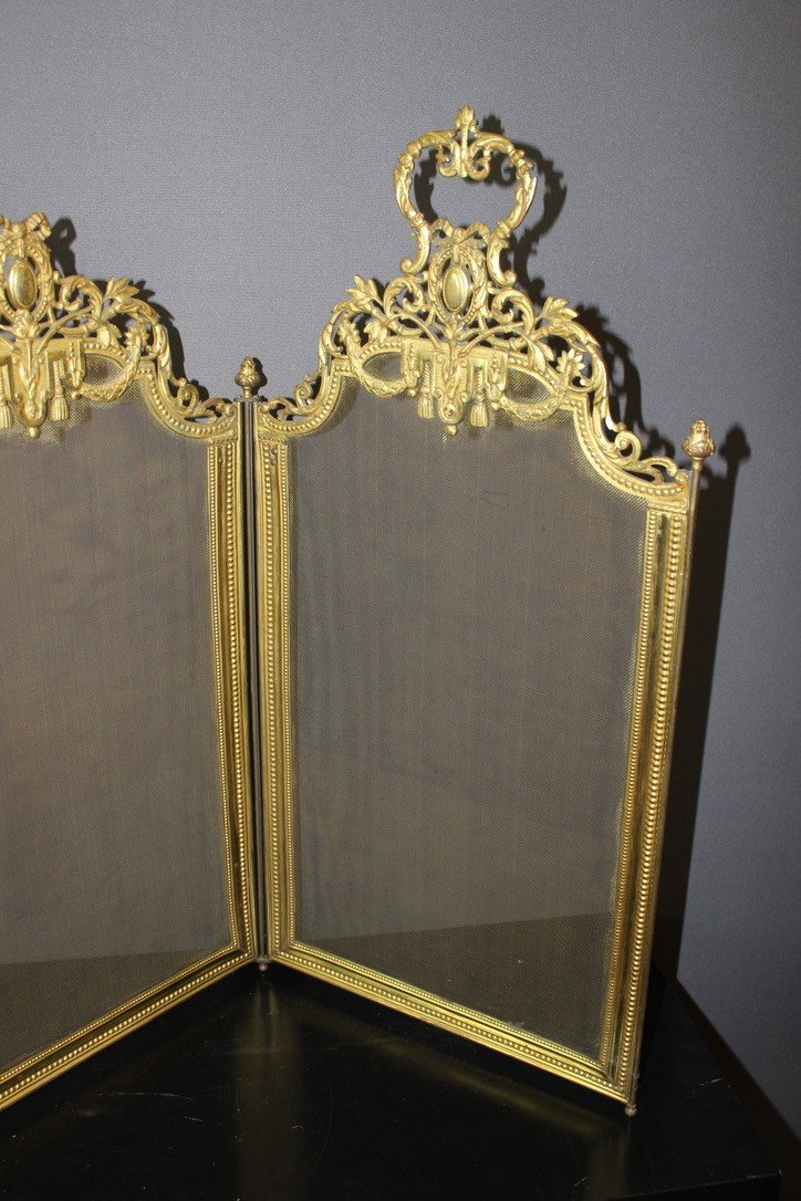 Louis XVI Style Gilt Bronze Fireplace Fire Screen-photo-4