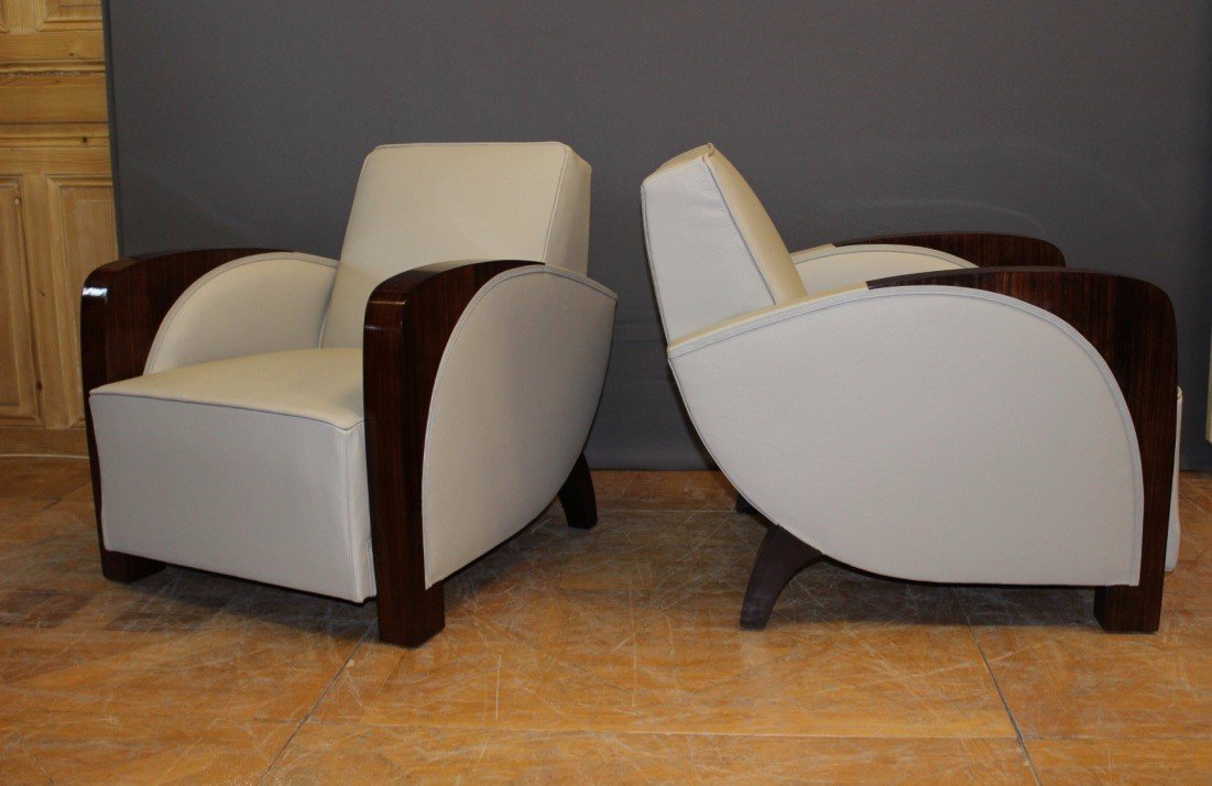 Pair Of Art Deco  Armchairs In Rosewood And Leather Circa 1930