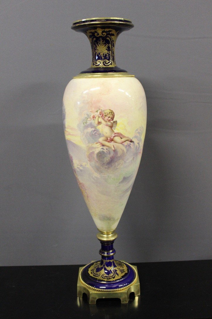 Large Earthenware Vase In The Taste Of Sèvres And Gilt Bronze XIX-photo-3