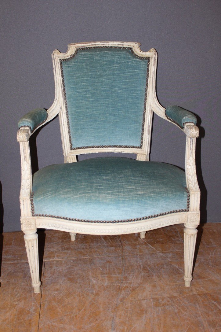 Pair Of Louis XVI Style Armchairs In White Lacquered Walnut Around 1900-photo-2