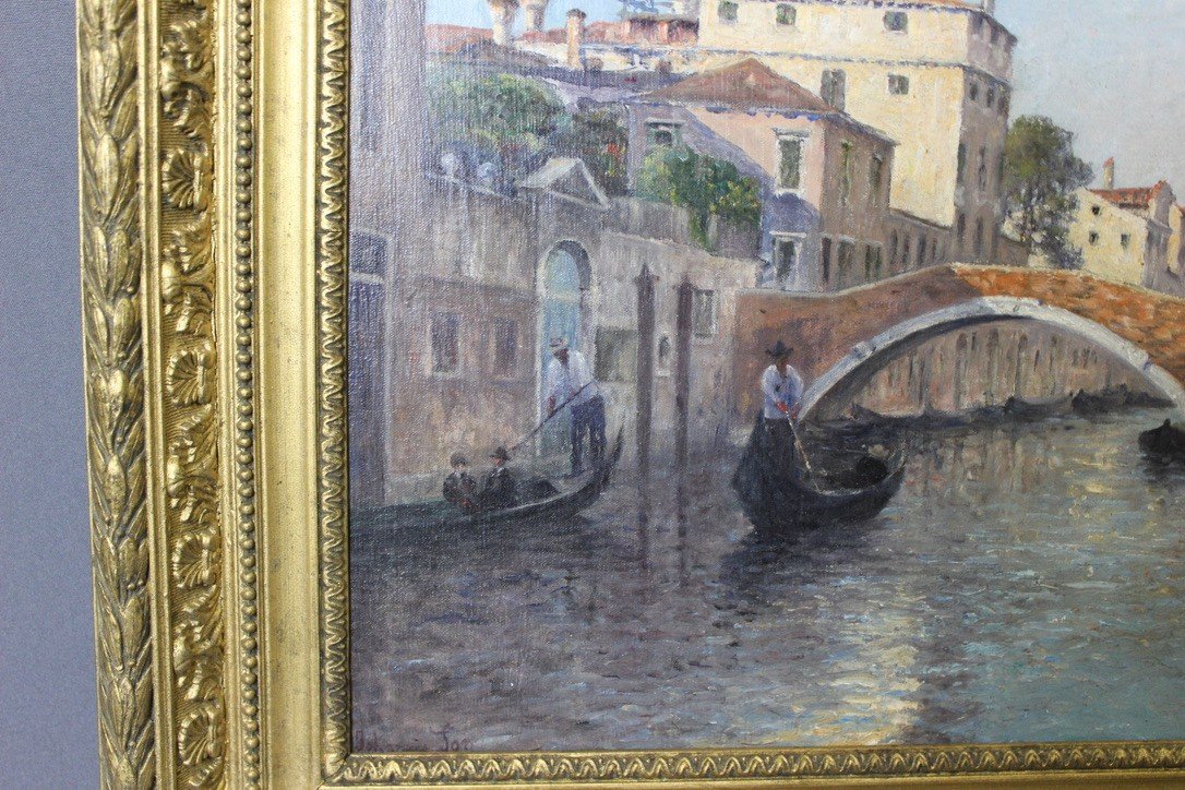 Gondoliers In Venice By Johannes Son, Oil On Canvas -photo-4