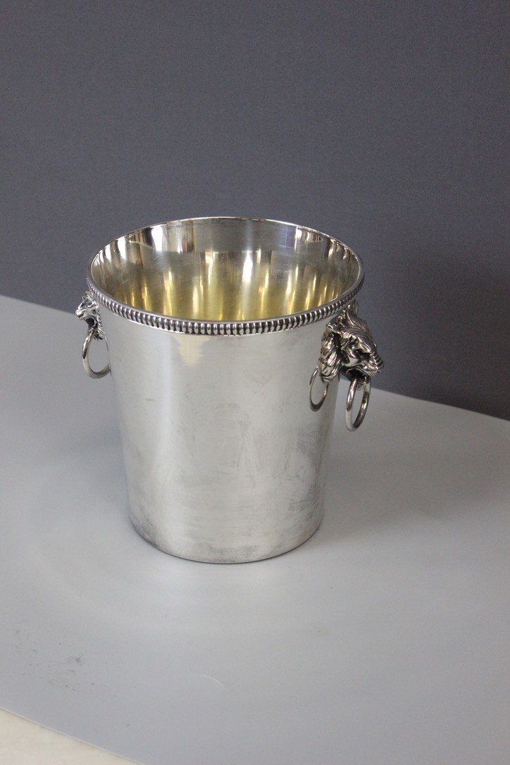 Champagne Bucket In Silver Metal With Lions-photo-4