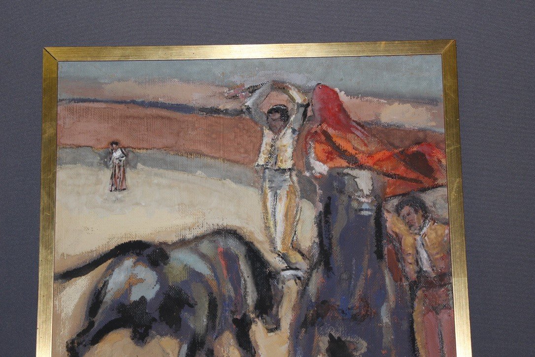 Pastel On Panel Bullfight By Léon Perrin Circa 1950-photo-2