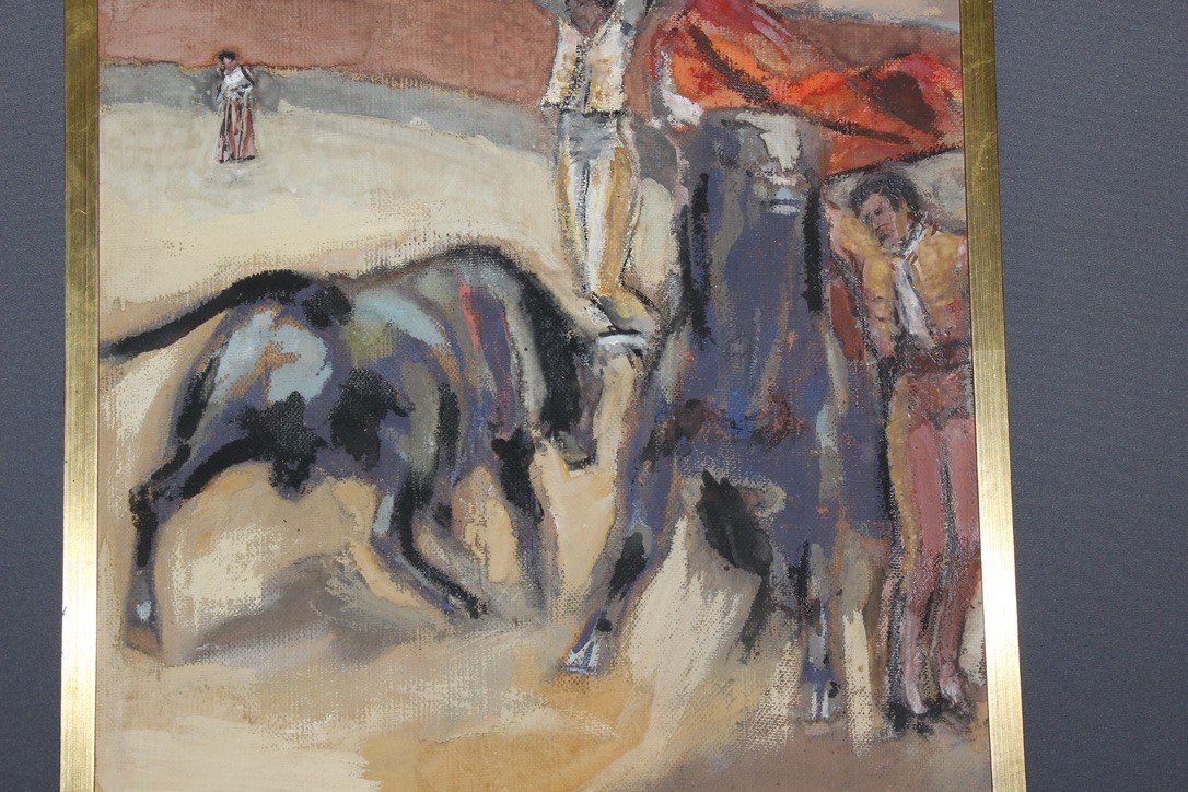 Pastel On Panel Bullfight By Léon Perrin Circa 1950-photo-3