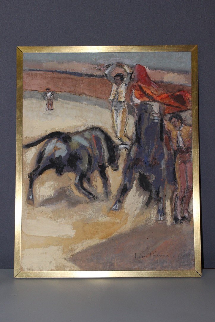 Pastel On Panel Bullfight By Léon Perrin Circa 1950-photo-2