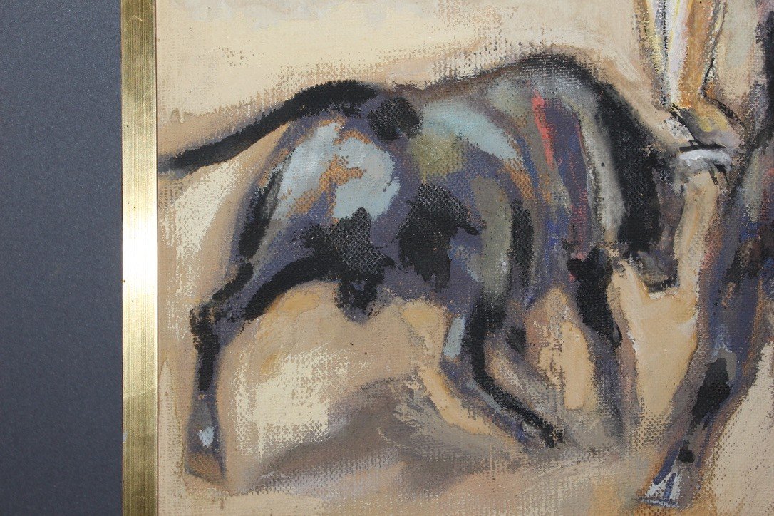 Pastel On Panel Bullfight By Léon Perrin Circa 1950-photo-3