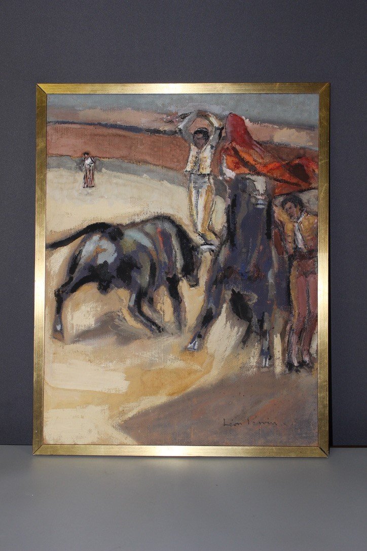 Pastel On Panel Bullfight By Léon Perrin Circa 1950-photo-5