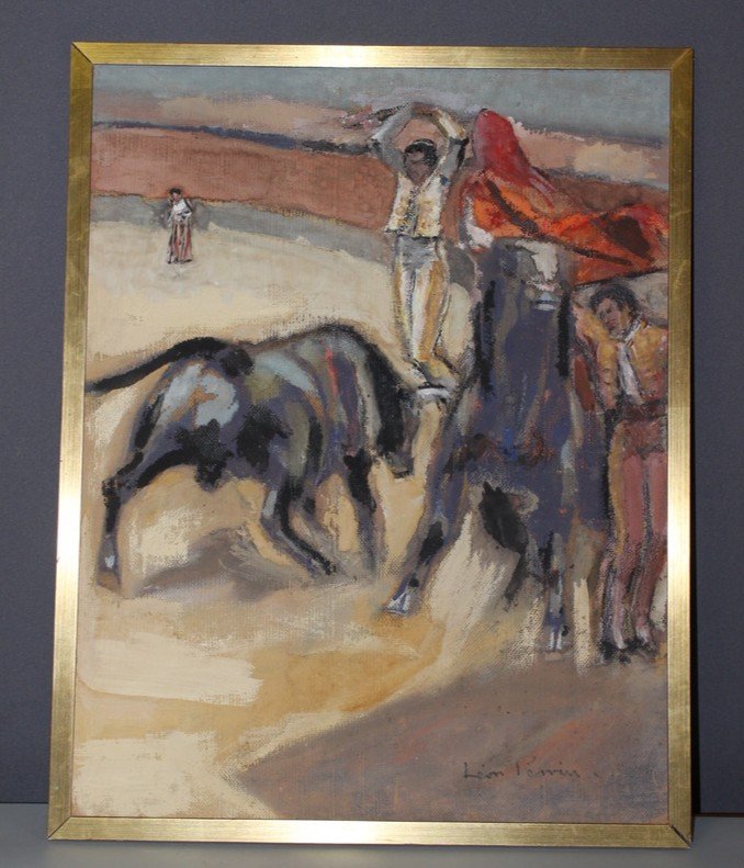 Pastel On Panel Bullfight By Léon Perrin Circa 1950