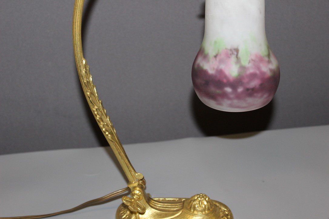 Lampe De Bureau d'époque Art Nouveau En Bronze Doré Et Verrerie Muller -photo-7