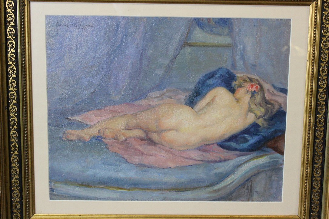 Oil On Cardboard Nude With Blue Cushion By Humbert Vignot -photo-2