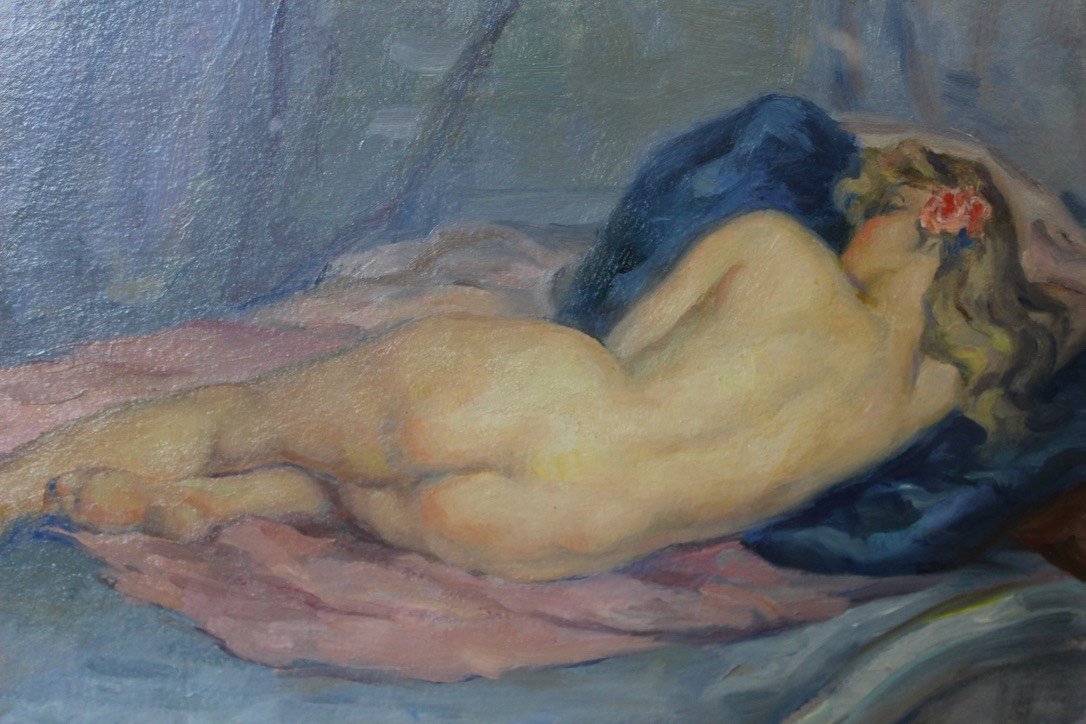 Oil On Cardboard Nude With Blue Cushion By Humbert Vignot -photo-3