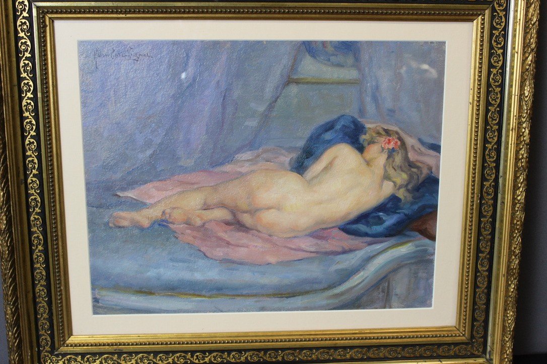 Oil On Cardboard Nude With Blue Cushion By Humbert Vignot -photo-2