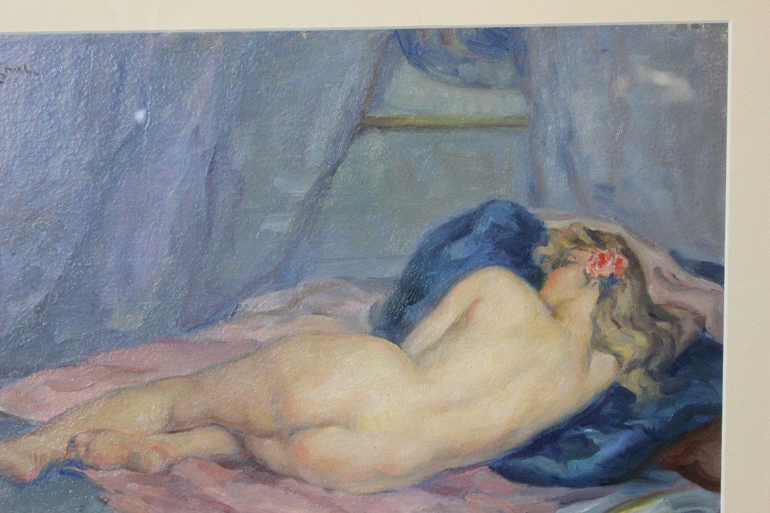 Oil On Cardboard Nude With Blue Cushion By Humbert Vignot -photo-3