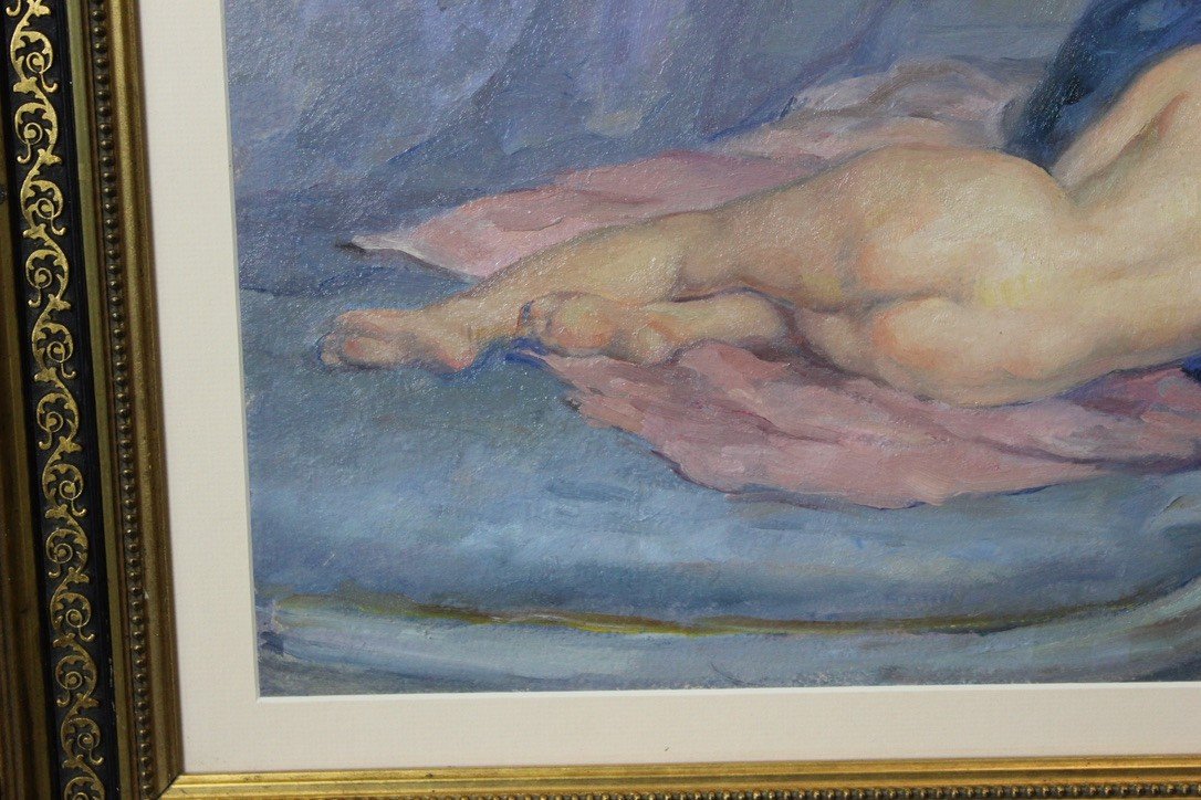 Oil On Cardboard Nude With Blue Cushion By Humbert Vignot -photo-4