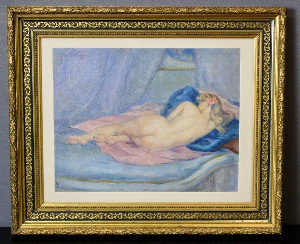 Oil On Cardboard Nude With Blue Cushion By Humbert Vignot -photo-6