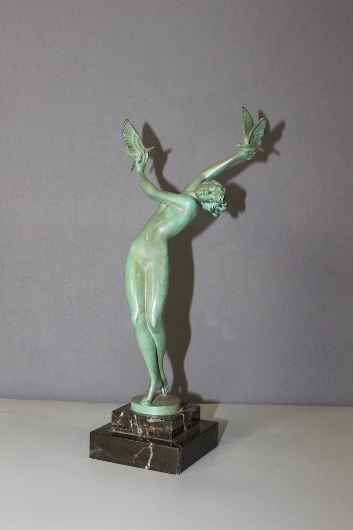 Art Deco Sculpture Young Woman With Doves Circa 1930