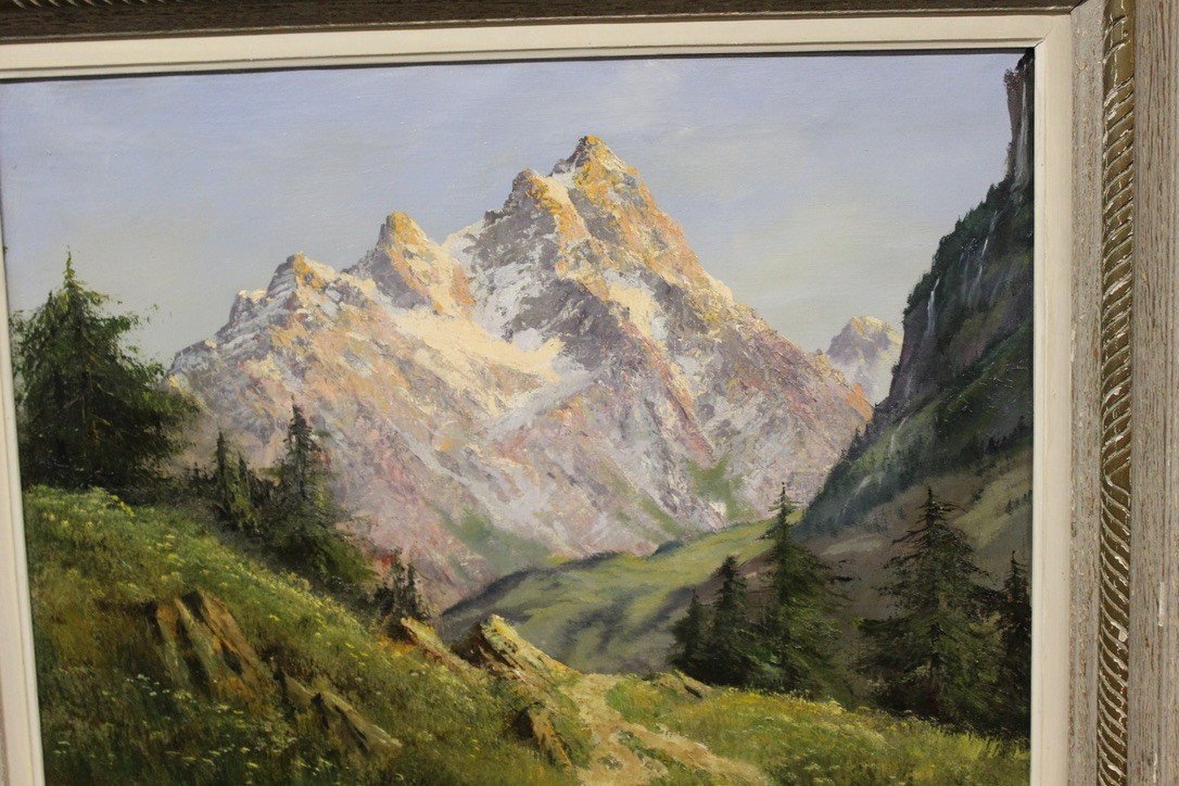 Oil On Canvas Mountain Landscape By Johannes Gebhardt-photo-2