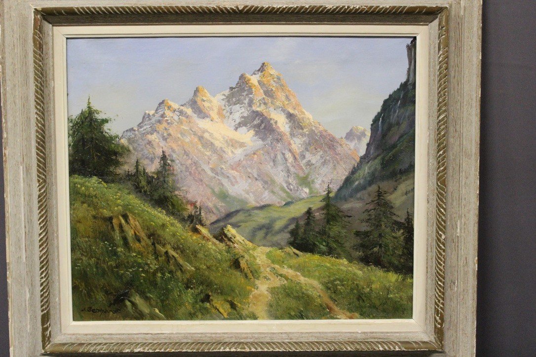 Oil On Canvas Mountain Landscape By Johannes Gebhardt-photo-2