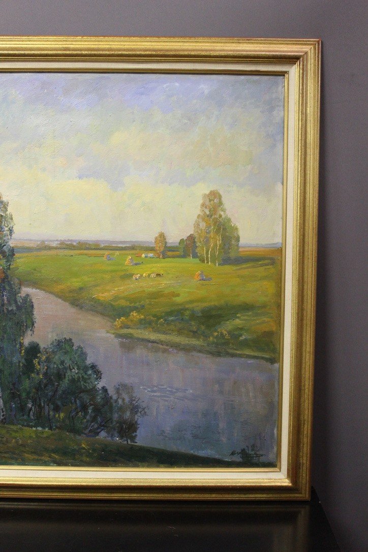 Important Oil On Canvas Landscape At The River Russian School XX-photo-2